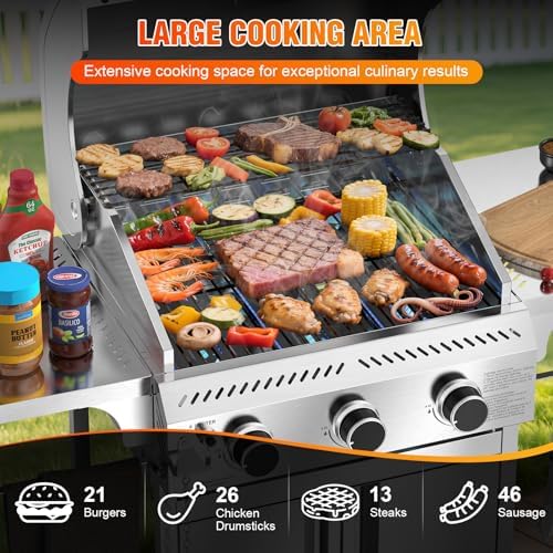 Electactic G31 Gas Grill, 3-Burner Gas Grill with Folding Side Tables,Stainless Steel 24,000 BTU BBQ Grill,Outdoor Propane Grill for Barbecue,Patio,Camping - Image 3