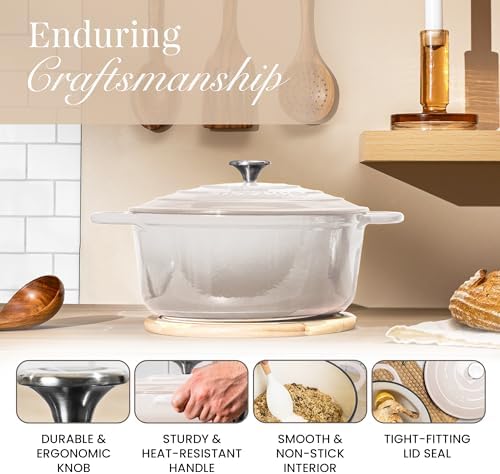 Nuovva Enamelled Cast Iron Dutch Oven Pot with Lid 6.4 Quart Non Stick Casserole Pot-Heavy Duty & Oven Safe up to 500° F for Bread Baking, Braising, Stews, Roasting - 28cm Oyster - Image 6