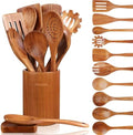 Mooues 12 Piece Wooden Spoons for Cooking, Wooden Utensils for Cooking with Utensils Holder, Natural Teak Wooden Kitchen Utensils Set with Wooden Spoon Rest, Comfort Grip by Mooues