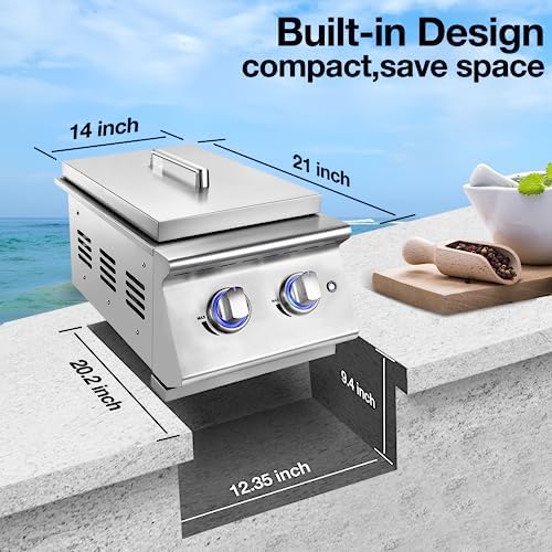 Double Grilling Side Burners for Outdoor Grill, Sturdy 304 Stainless Steel, with Liquid Propane Kit, Drop-in Side Burner for Outdoor Kitchen BBQ Island, 2 * 15,000BTU Natural Gas Side Burner - Image 5