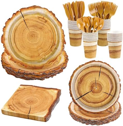 Kochorie 175 Pieces Rustic Wood Slice Party Supplies Camping Wood Grain Slice Tableware Set 7 Inch and 9 Inch Paper Plates Napkins Cups Cutlery for Hunting Birthday Party Decorations, Serve 25 Guests by Kochorie