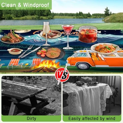 Picnic Table Cover with Bench Covers and Bag, Forest Mountain Lake Fitted Outdoor Table Covers, Camping Essentials, Windproof & Waterproof Tablecloth Cover with Elastic Edge, 3 PCS, 30x96 Inch - Image 6