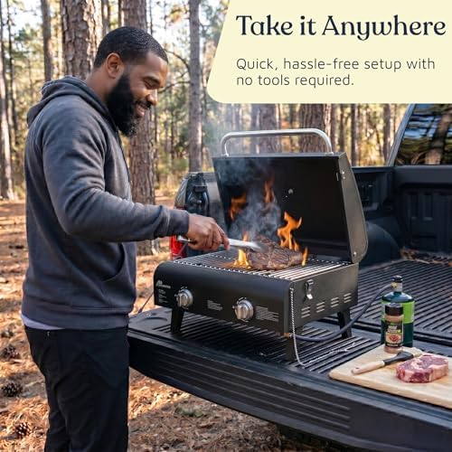 Black Portable Gas Grill, Dual 10,000 BTU Burners, 275 Sq.In Cooking Space, Push-to-Start Ignition, Wind-Proof Lid with Built-in Thermometer, Perfect for Camping Tailgates & Backyard BBQ Cookouts - Image 4