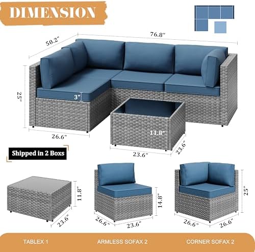 Vongrasig 5 Pieces Patio Furniture Set with Cushion, Glass Table, Navy Blue - Image 2