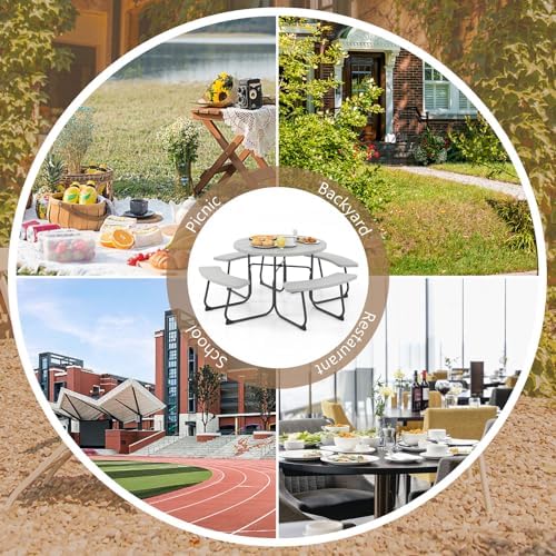 COSTWAY Round Outdoor Picnic Table with Bench Set for 4-8 People (Grey) - Image 5