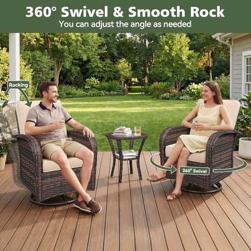 Aoxun 11 Piece Outdoor Patio Furniture Set with 44'' Fire Pit Table, Wicker Rattan Outdoor Furniture with High Back Swivel Rocker Chairs, Outdoor Sofa Set with Thick Cushion & Side Table, Beige - Image 3
