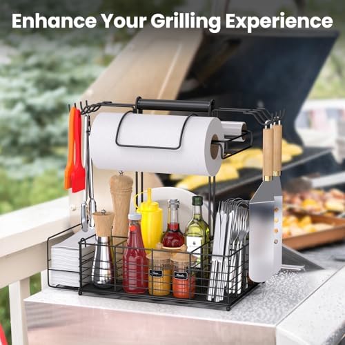 Grill Caddy for Outdoor Grill with 2 Paper Towel Holders,Barbecue Tool Sets Storage Organizer,BBQ Caddy for Outdoor Grill with 9 Compartments & 8 Hooks,Picnic Caddy Grilling Gifts for Men (16.6Inch) - Image 3