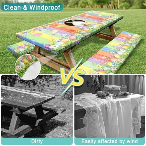 Easter Picnic Table Cover with Bench Covers, Cute Bunny Flower Colorful Wooden Board Camping Tablecloth, Waterproof Windproof, Fitted Tablecloth Cover with Elastic Edge, for Outdoor, 3 PCS, 30x60 Inch - Image 6
