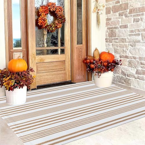 Fall 3'x 5'Outdoor Rug,Khaki White Striped Front Porch Mat Indoor Area Rug by BUAGETUP