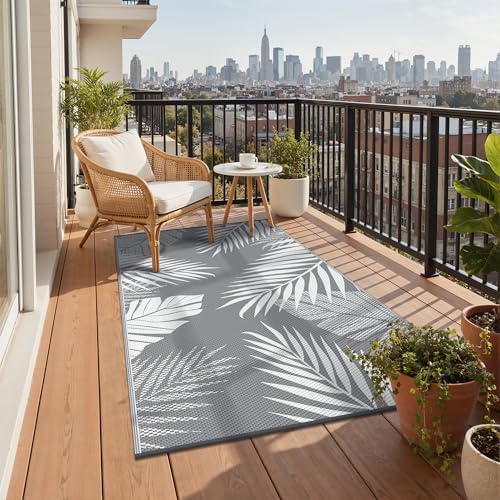 GENIMO Outdoor Rug 3'x5' Waterproof for Porch, Plastic Door Mat Grey White - Image 5