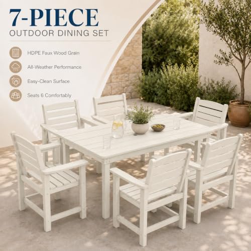 7 Pcs Outdoor Patio Dining Set, HDPE Table & Chairs with Umbrella Hole - Image 5