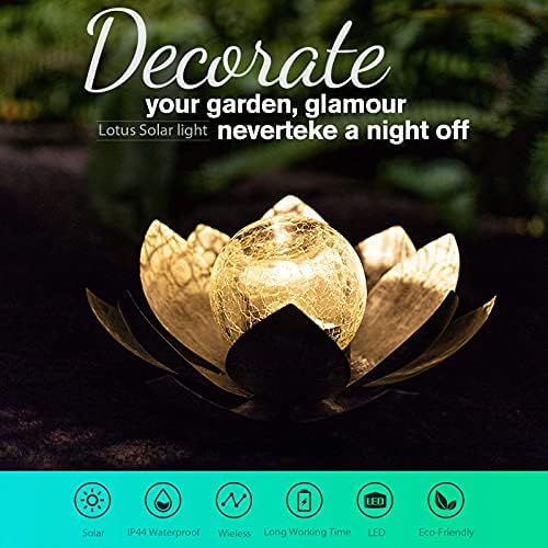 Huaxu Solar Lights Outdoor Garden, Crackle Globe Glass Lotus Decor, Waterproof LED Metal Flower Decorations for Patio,Lawn,Walkway,Tabletop,Ground - Image 2