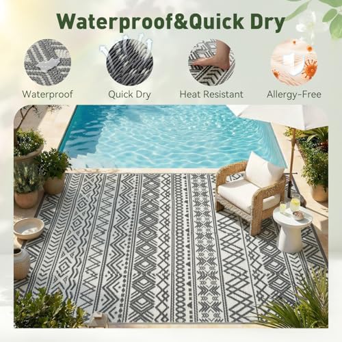 MontVoo Outdoor Rug Carpet Waterproof 9x18 Outdoor Patio Rug Mat Reverisble Plastic Straw Outdoor Rug for RV Camping Picnic Beach Balcony Boho Grey Large - Image 3