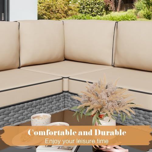 JAMFLY 5-Piece All-Season Wicker Patio Sofa Set with Thick Cushions & Coffee Table, Modular Indoor Outdoor Furniture for Poolside, Garden, Sunroom & Porch, Khaki - Image 5