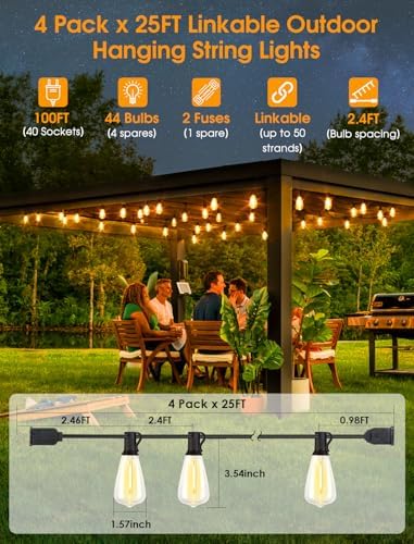 Larkvue 100FT(4x25FT) Outdoor String Lights, Patio Lights with 40+4 LED Dimmable Waterproof Linkable ST38 Edison Bulbs for Gazebo Camping Party, Black - Image 2
