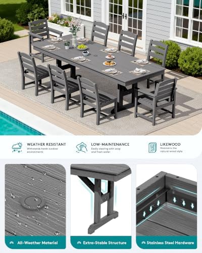 SERWALL 9Pcs HDPE Outdoor Dining Set w/6 Armless, 2 Armchairs for 8,Gray - Image 4