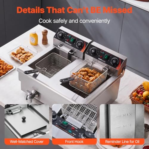 VEVOR Commercial Deep Fryer, Dual Tank 3000W Electric Countertop Fryer with Basket, 2 x 11.6Qt/11L Double Stainless Steel Oil Fryer with Drain, Time & Temp Control, for Kitchen Restaurant Use - Image 6