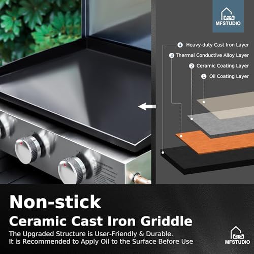 MFSTUDIO 27" Flat Top Gas Griddle Grill with Ceramic Coated Cast Iron Pan - Image 3