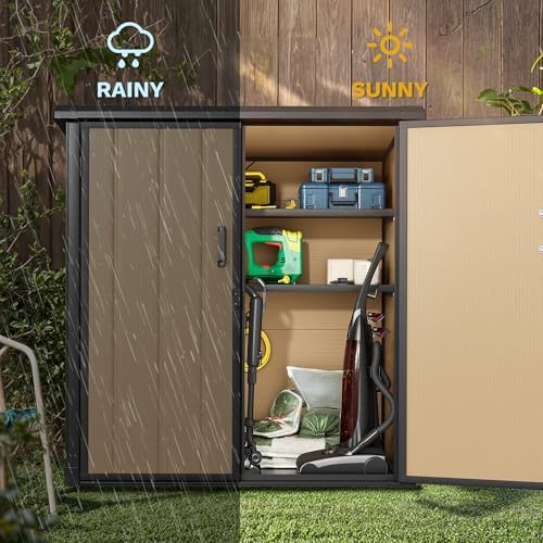 DWVO Outdoor Storage Shed 54 cuft with 2 Shelves, 4.2x2.6x5ft Vertical Tool Shed with Floor & Lockable Doors, Sturdy Double-Wall Plastic Cabinet for Garbage Cans and Garden Storage, Brown - Image 3
