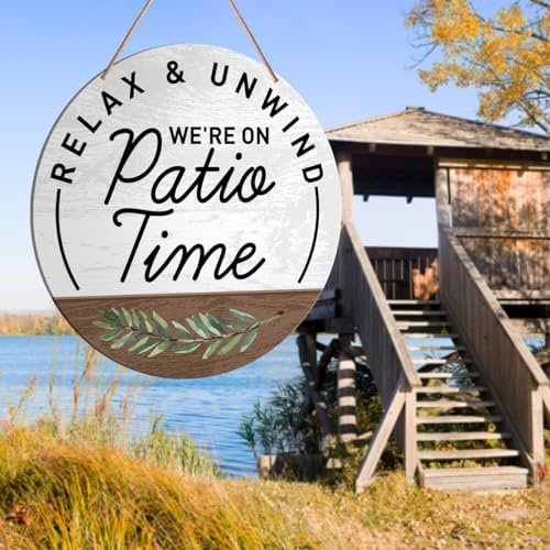 Muktoujaumai Patio Sign Decor, Patio Round Hanging Sign Decor Farmhouse Wall Decorations Outdoor Living Wood Sign for Porch, Deck, Backyard, Housewarming Gift for New House Home, We're Patio Time - Image 5