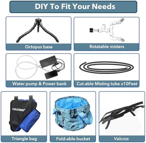 HAOWIN Portable Misting System with Rechargeable Water Pump, Foldable Bucket & Triangle Bag, DIY Mobile Misters for Outside Patio, Tent, Canopy, Golf Cart, Boat, Bike, Motorcycle, Camping, Hiking - Image 2