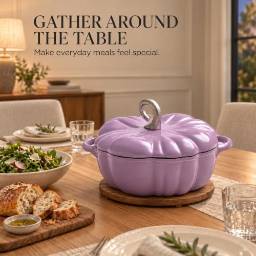Pumpkin Cocotte Cast Iron Dutch Oven With Lid - Non-Stick Cooking Pot for Stew and Soup - Serves 3-5 - Halloween Thanksgiving Decor Gift (Purple) - Image 4