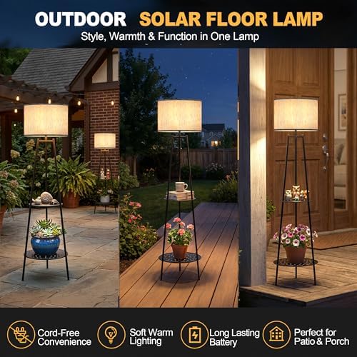 Solar Outdoor Floor Lamp with Plant Shelves, Waterproof Solar Standing Lamp for Patio Porch Garden Yard, Auto On/Off Warm LED Floor Light with 2-Tier Plant Stand, Cordless Outdoor Decor Lighting - Image 4