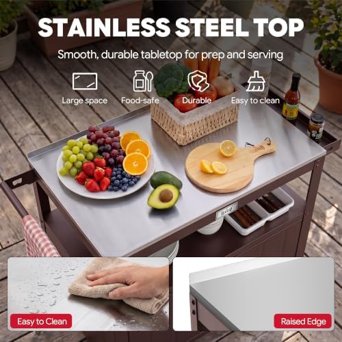 Feasto Outdoor Grill Cart w/Storage Cabinet, Stainless Steel Top, Brown - Image 3