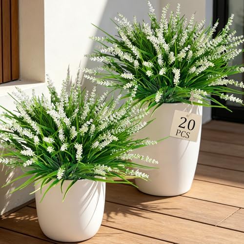 20Pcs Fake Plants Artificial Flowers Monkey Grass for Outdoors，UV Resistant Realistic White Artificial Plants Outdoor，No Fade Greenery Shrubs Outside Decor for Courtyard Porch Patio Garden by Cherica
