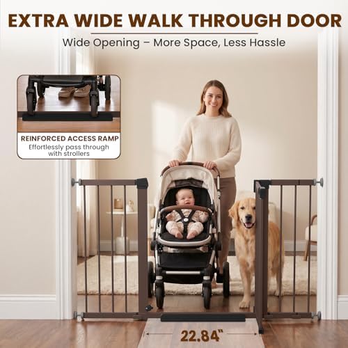 Mumeasy 29.7–51 Inch Extra Wide Baby Gate for Stairs, Extra Long Indoor Dog Gate for Doorways, Pressure Mounted Walk Thru Child Gate with Auto-Close, No-Drill Safety Pet Gate with Door for House,Brown - Image 3