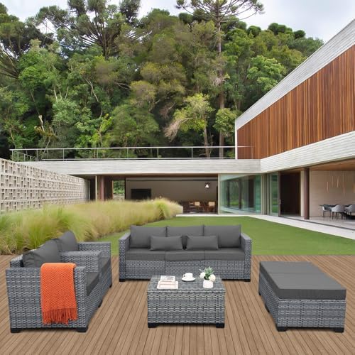 Lviden 6 Pieces Wicker Patio Furniture Sets Outdoor Conversation Set HDPE Rattan Sectional Sofa Couch with Storage Table and Non-Slip Cushions, Light Grey - Image 2
