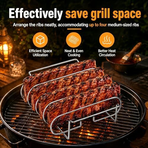 Rib Rack for Smoking –Rib Racks for Grilling and Smoking for 4 Full Racks of Ribs– Fits 18" Smoker, Weber, Kamado, Traeger – BBQ Grill Accessories for Men & Meat Lovers（11", Silver, 2 Pack） - Image 6