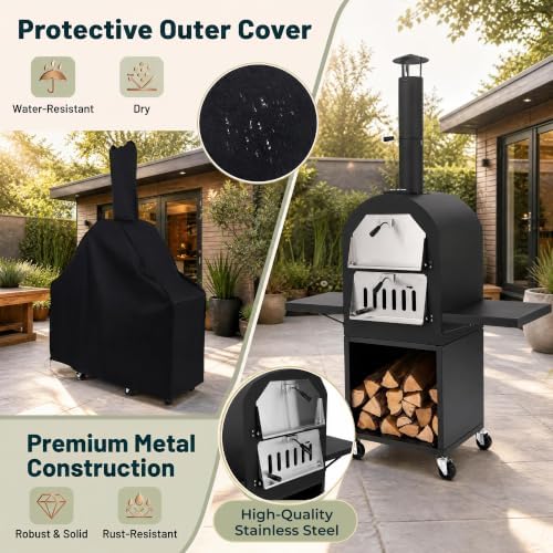 HAPPYGRILL Outdoor Wood Fired Pizza Oven w/Firewood Storage & Side Shelves - Image 6