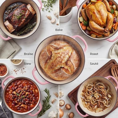 Zulay Kitchen 7.7 Quart Enameled Cast Iron Dutch Oven Pot with Lid – Premium Durability & Oven Safe up to 500°F – Heavy Duty Cookware Perfect for Bread Baking, Stews, Braising & Roasting – Pink - Image 3