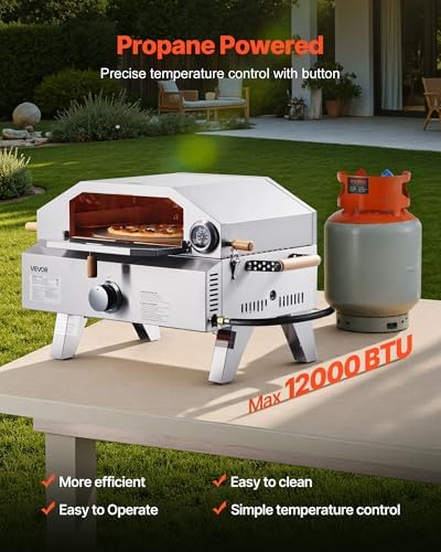 VEVOR 2 IN 1 Outdoor Pizza Oven, 13 in Propane Pizza Oven & Grill, 12,000 BTU Tabletop Propane Gas Oven with Pizza-Stone, Thermometer, Stainless Steel Portable Grill, for Camping & Backyard - Image 3