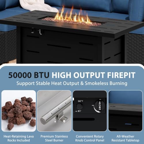 Shintenchi 6 Piece Outdoor Patio Furniture Set with 43 Inch Propane Fire Pit, Washable Cushions, Glass Coffee Table, Waterproof Cover & CSA Certified for Backyard Poolside, Black PE Rattan/Navy Blue - Image 5