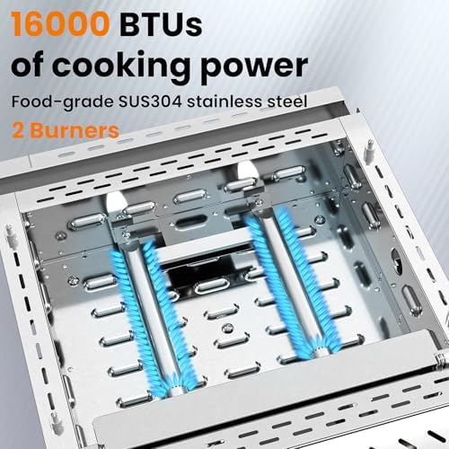 WAA Portable Propane Griddle, 16000BTU Tabletop Portable Propane Gas Grill with 2 Burners, Stainless Steel Flat Top Grill, Outdoor Cooking for Tailgating,Camping, RVs, BBQ, Patio, Silver - Image 2