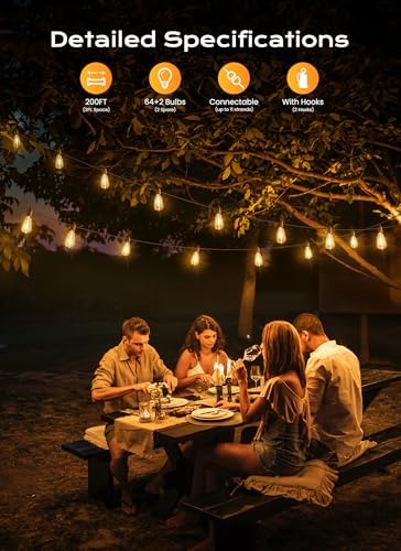 Brightown Outdoor String Lights, 200FT 64+2 LED ST38 LED Patio Lights Shatterproof, Dimmable IP65 Waterproof Connectable Hanging Outdoor Light for Backyard, Porch, Deck, Balcony - Image 2