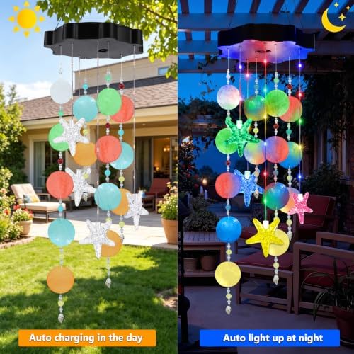 Toodour Boho Wind Chimes for Outside, Birthday Gifts for Women Mom Grandma, Waterproof 21 LED Solar Powered Shell Sea Star Hanging Lights for Patio Garden Yard Porch Outdoor Decor - Multicolor - Image 2