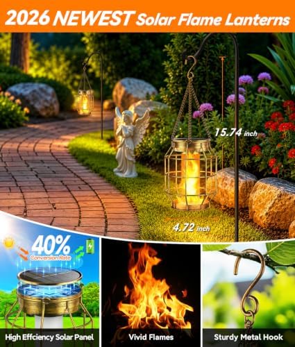 KOOPER Solar Lanterns Outdoor Waterproof, Upgraded Flickering Flame Hanging Solar Lights Outdoor Decorative, Metal Outdoor Hanging Lantern for Yard Patio Garden Decor, Gift for Mom 2 Pack (Bronze) - Image 5