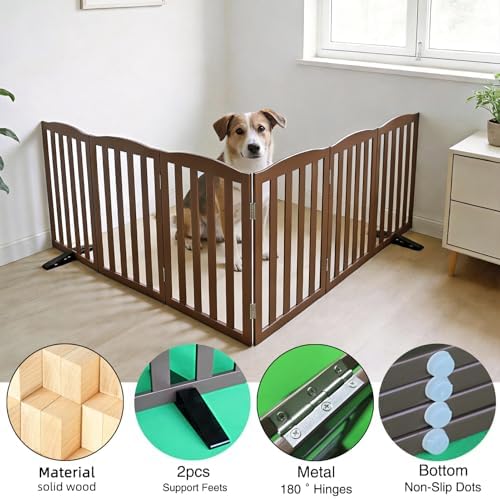 Freestanding Dog Gate Indoor,Doggie Gate Foldable Pet Gates for Doorways,Stairs or Hallways, Wooden Brown Pet Gate for the House, Pet Fence with Support Feet Included,24 "Height-6 Panels - Image 5