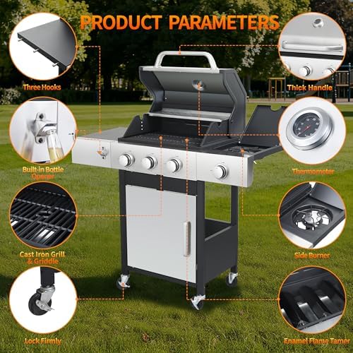 3-Burner Propane Gas Grill 39,000 BTU with Side Burner, Stainless Steel Double-Layer Lid & Porcelain-Coated Cast Iron Grates, Fast Even Heating for Backyard BBQ Camping Tailgating - Image 5