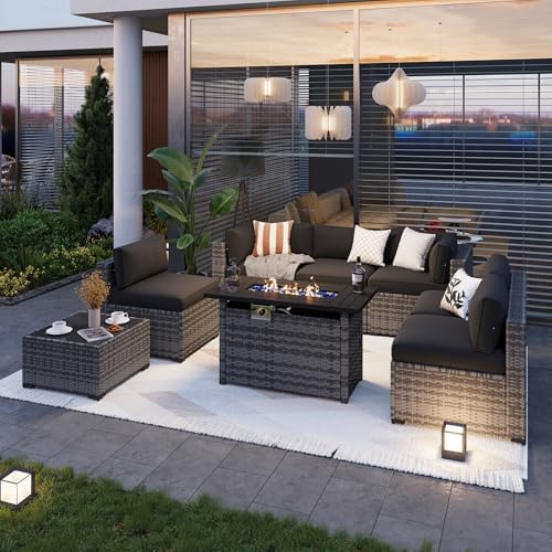 Aoxun Patio Furniture Sets, 8-Piece Outdoor Patio Furniture with 44'' Propane Gas Firepit Table, Wicker Outdoor Conversation Set Sectional Sofa for Backyard, Poolside, Garden - Image 2