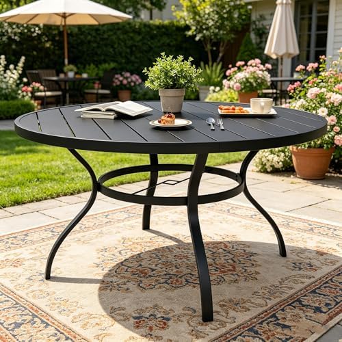 SUNCROWN 53 Inch Round Outdoor Patio Dining Table, All Weather Black Metal Steel Slat Table with 1.5" Umbrella Hole, Weather Resistant Outside Furniture for Lawn Garden Backyard Porch - Image 3