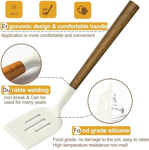 Non-Stick Silicone Kitchen Utensils Set with Natural Acacia Hard Wood Handle, Umite Chef 8 Pieces Kitchen Spatulas set, White, BPA Free, Baking, Serving and Cooking Utensils - Image 6