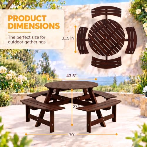 8 Person Wooden Picnic Table, Outdoor Round Picnic Table with 4 Built-in Benches, Umbrella Hole, Outside Table and Bench Set for Patio, Backyard, 500lbs Capacity Per Bench (Brown - 8Person) - Image 2