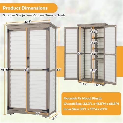 Outdoor Storage Cabinet, Wood & Plastic Garden Shed with Adjustable Shelves - Image 5