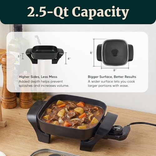 Elite Gourmet 2.5Qt Compact Nonstick Electric Skillet, 8"x8", 600W - Image 5
