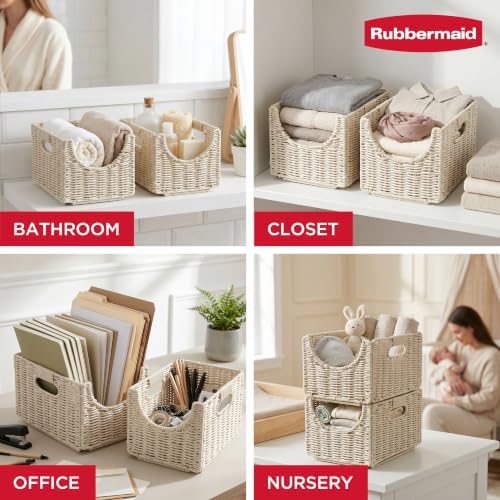 Rubbermaid Woven Storage Baskets - Set of 2 Stackable and Collapsible Bins with Handles, Small Resin Rattan Organizers for Shelves, Closet, Bathroom, Bedroom, 11.5” x 8”, Ivory - Image 3