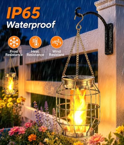 KOOPER Solar Lanterns Outdoor Waterproof, Upgraded Flickering Flame Hanging Solar Lights Outdoor Decorative, Metal Outdoor Hanging Lantern for Yard Patio Garden Decor, Gift for Mom 2 Pack (Bronze) - Image 3